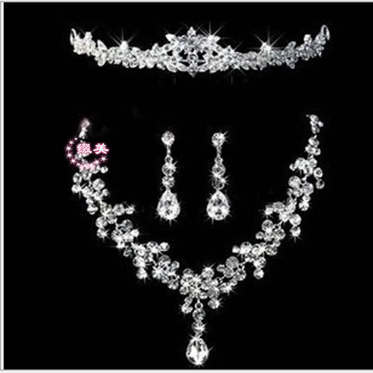Bridal Crown Three-piece Suit Wedding Crown Tiara Necklace Earrings Korean Wedding Dress Crown Accessories Variety Optional