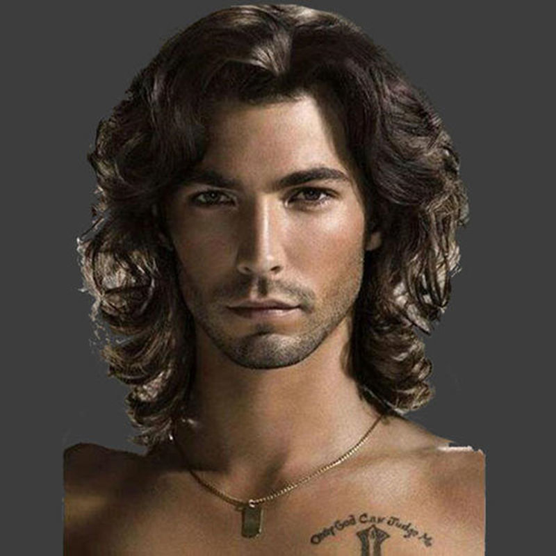 Fashionable Fluffy Men's Wig, Medium-Length Curly Hair, Full Head Cover, Realistic Big Wave Hairstyle, High-Temperature Fiber Full Head Wig