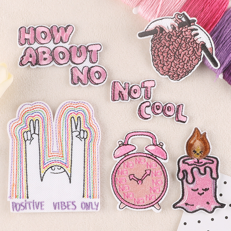 Barbie Pink Clothes Decorative Patches Applique Embroidery Cartoon Clothing Patches Alarm Clock Candle Letters Knitting Sweater Thumbs up