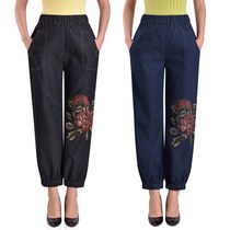 2020 middle-aged and elderly womens pants spring and autumn mother dress big flower elastic high waist loose size casual jeans bloomers