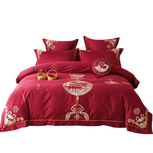 Wedding bed sheets four-piece set of cotton 100 double-strand Australian cotton wedding embroidery quilt cover bedding festive dowry 4