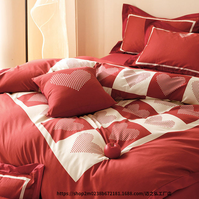 High-end princess wedding 100 pure cotton velvet cotton four-piece set cotton printed big red wedding sheet quilt cover 4