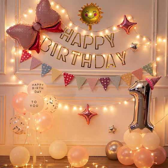 宝宝生日快乐装饰用品场景布置KT卡通气球女孩周岁儿童派对背景墙