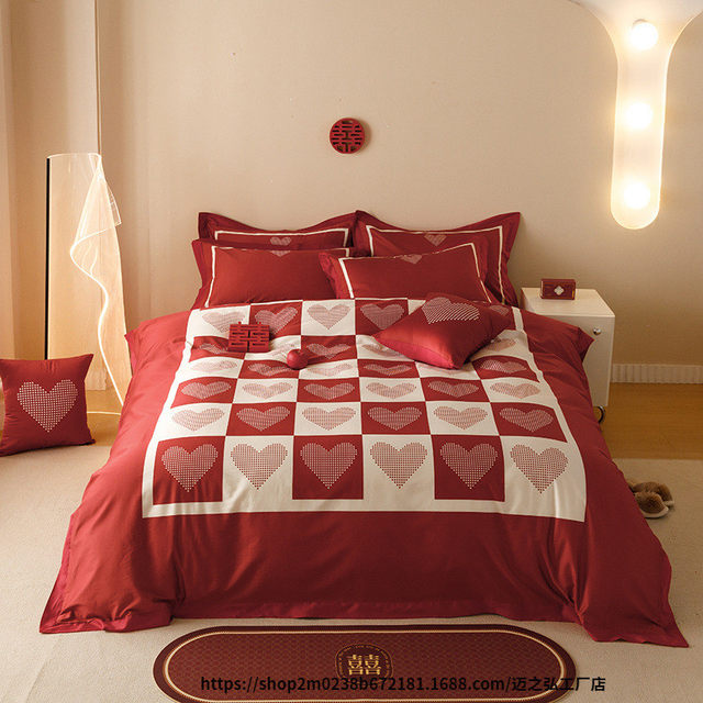 High-end princess wedding 100 pure cotton velvet cotton four-piece set cotton printed big red wedding sheet quilt cover 4