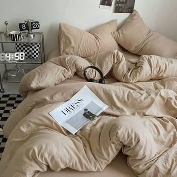 Nordic ins people wash cotton pleated bed four-piece quilt cover bed cover single and double solid color dormitory bed sheet three-piece set