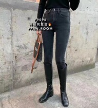  FFAN9096 plus velvet thickened small feet jeans womens winter Korean version of high waist stretch thin nine-point pencil pants boots