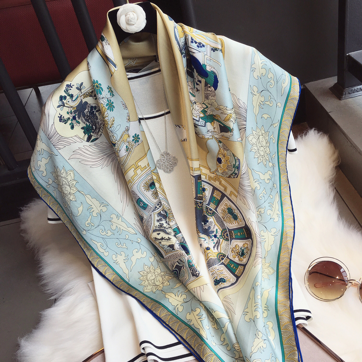 Xiaoxian silk towel female summer with sky green porcelain dressy tissue tissue tissue silk scarf shawl