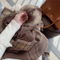 Scarf womens autumn and winter wild gauze towel soft waxy feel Khaki plaid warm collar double silk wool shawl