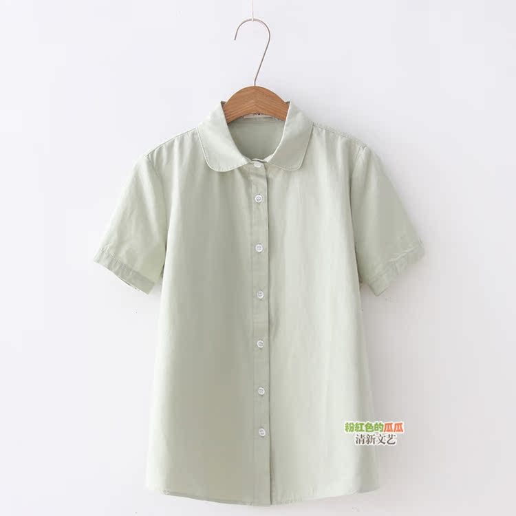 Mùa hè 2019 mới của phụ nữ cotton ngắn tay áo sơ mi nữ trắng búp bê hoang dã màu rắn nửa áo sơ mi - Áo sơ mi áo sơ mi nhung tăm