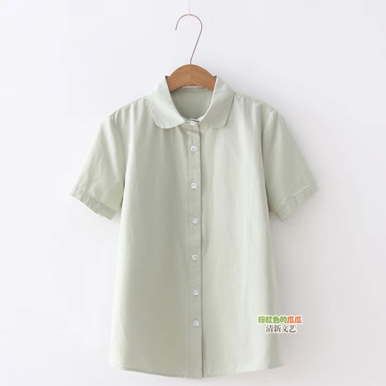 Mùa hè 2019 mới của phụ nữ cotton ngắn tay áo sơ mi nữ trắng búp bê hoang dã màu rắn nửa áo sơ mi - Áo sơ mi