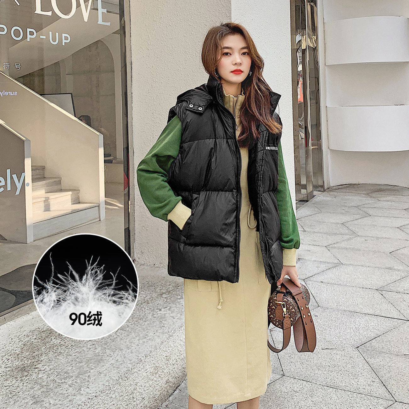 2020 mùa đông mới của Hàn Quốc phiên bản Bảy-mi kẻ sọc xuống áo khoác phụ nữ loose-fitting vịt trắng mỏng xuống tay in áo vest