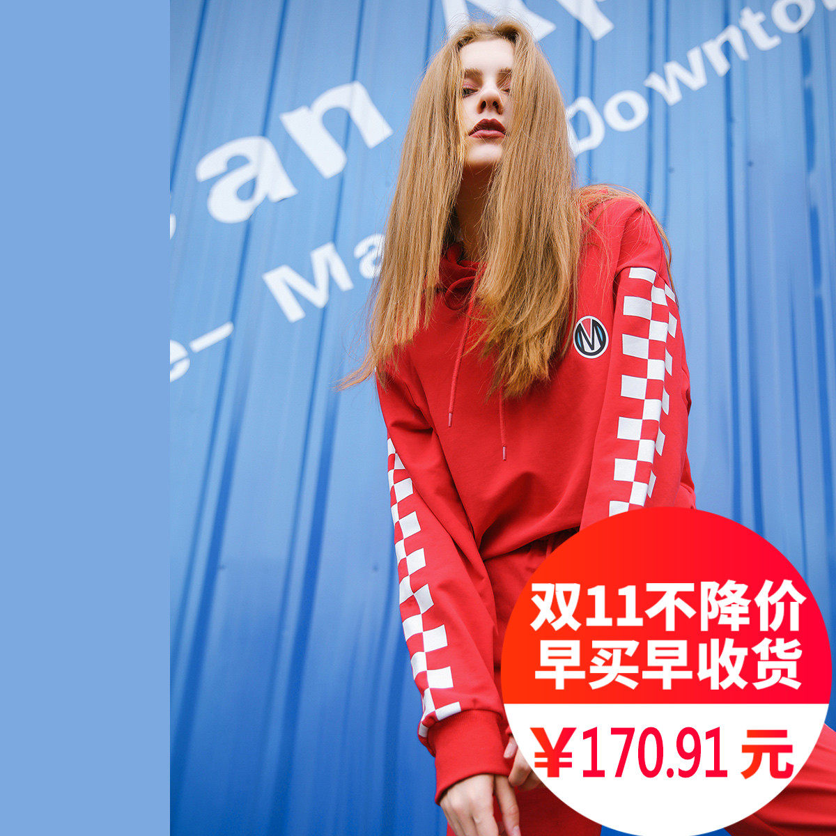 2017早秋装新款时尚个性原宿风chic长袖宽松连帽衫红色卫衣女潮bf