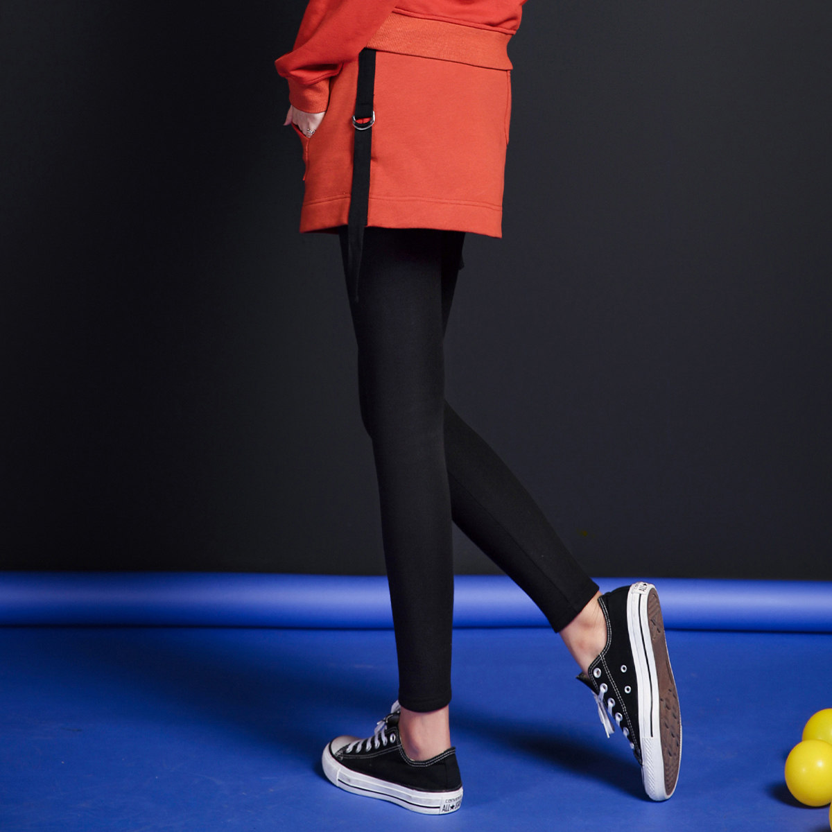 秋冬新款织带假两件外穿砖红色百搭韩版运动休闲磨毛打底裙裤女