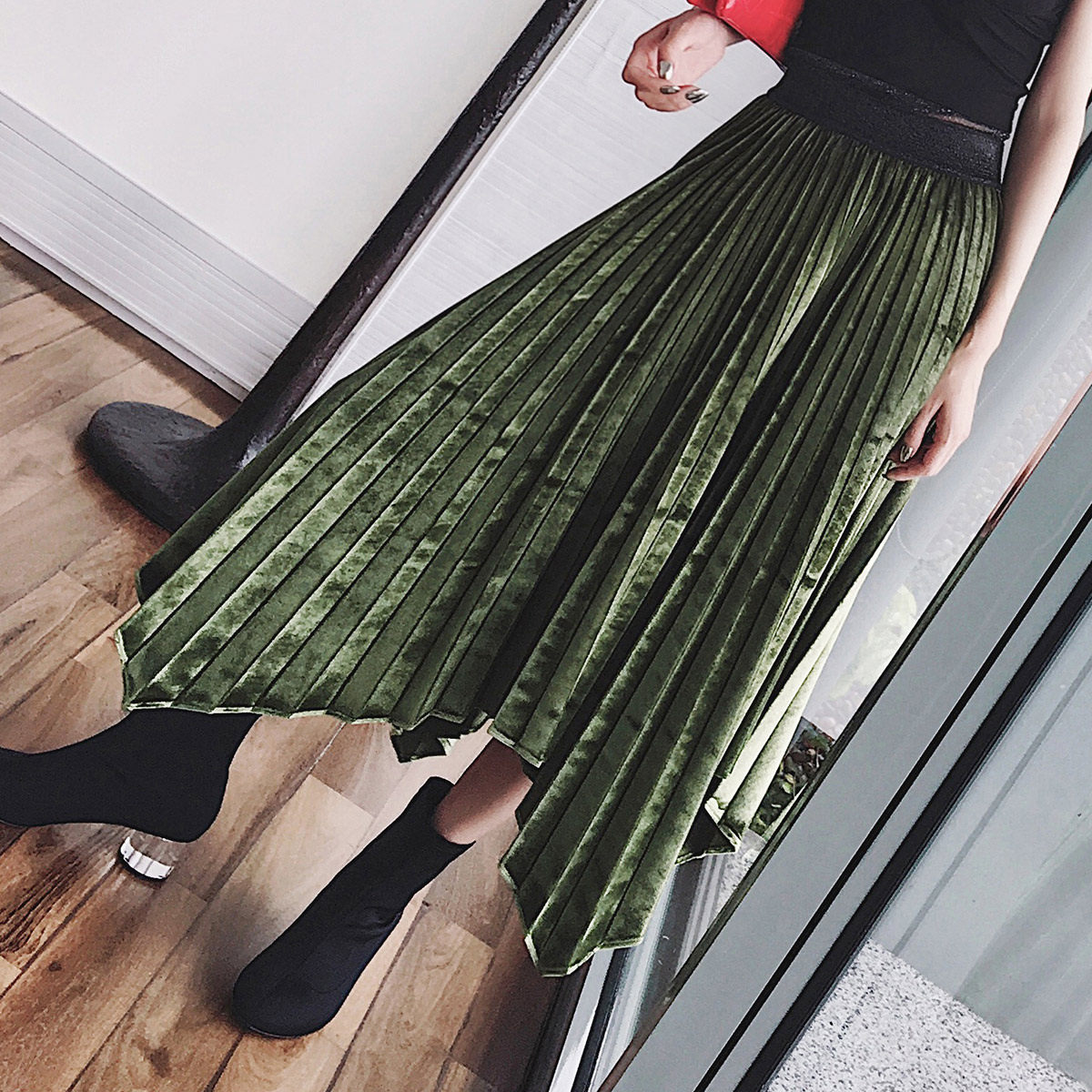 2017秋装新款金丝绒高腰百褶裙不规则下摆中长半身裙女韩版潮