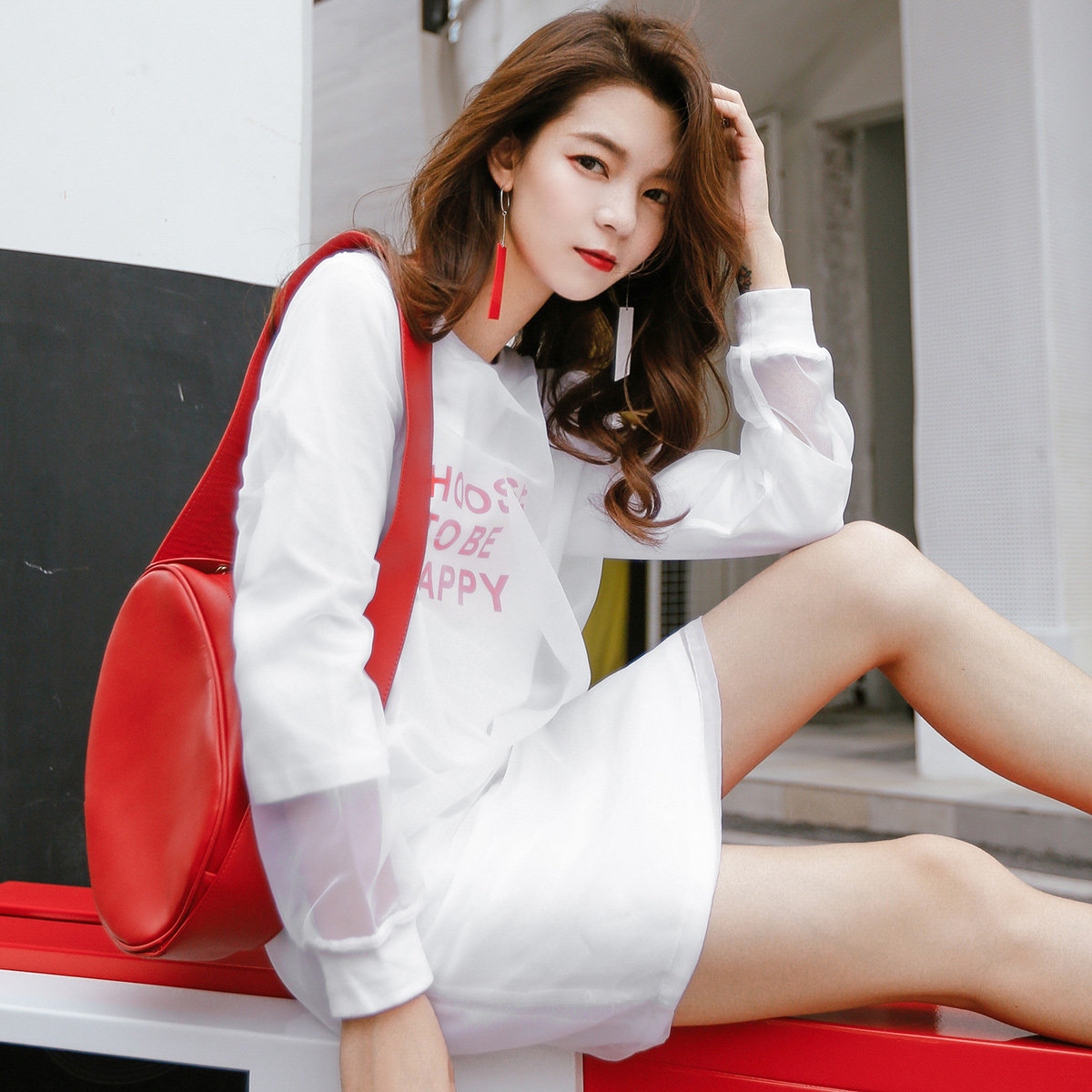 七格格2017秋装新款纯色白裙印花假两件宽松长袖A字连衣裙女N438