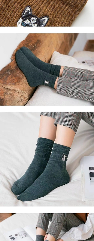 Cá nhỏ nhà Sen retro thêu màu hoạt hình ba chiều con chó cotton vớ phụ nữ vớ vớ