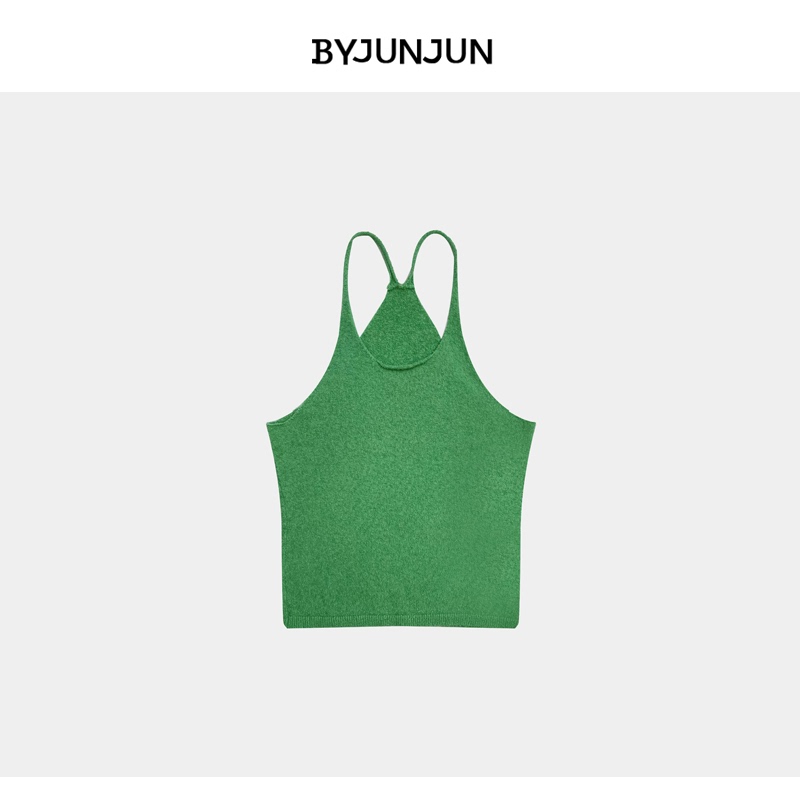 Niche Designer 2023 Summer New European-Style High-Quality Layered Tank Top Halter-Style Green Camisole