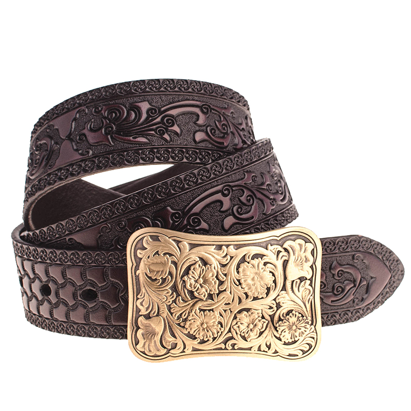 New original carved cowhide men's belt Carved cowhide belt pure copper carved Chinese style belt