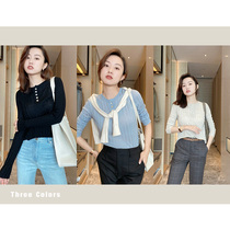 Muds shop French elegant light and comfortable wool pit base shirt shell buckle long sleeve sweater