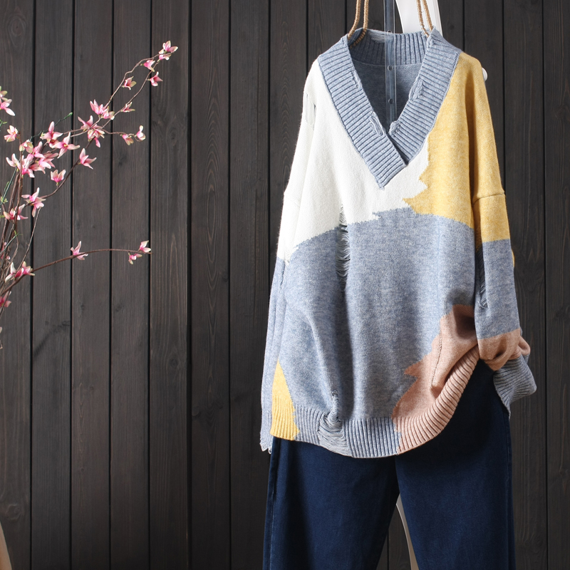 Tìm kiếm mùa thu sản phẩm mới lỗ V-cổ lười gió áo len dài tay nữ lỏng lẻo áo thun dài tay cardigan nữ