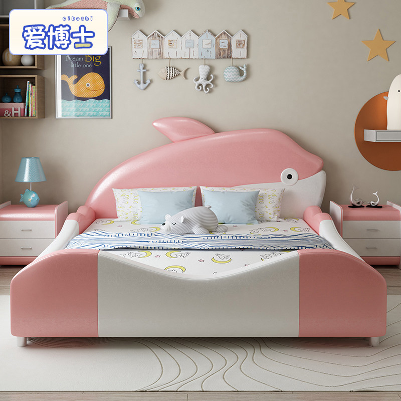 Children's bed boy girl single bed 1 2 m 1 5 m storage with guardrail ins net red cartoon leather bed customization