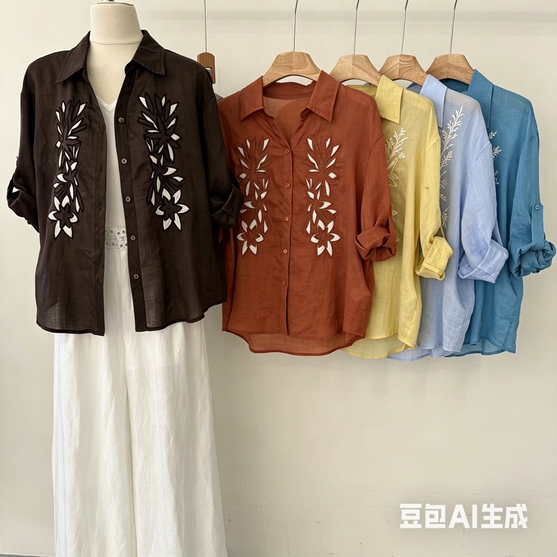 S98188 Heavy Embroidery on the Chest, Floral Lapel, Casual and Comfortable Tencel Ramie Shirt Top, European Style, Summer 2026
