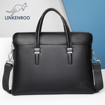 Kangaroo handbag men's cowhide business briefcase A4 bag waterproof horizontal computer bag leather shoulder messenger bag