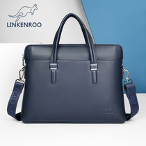 Kangaroo blue handbag men's business briefcase cowhide horizontal computer bag waterproof leather bag shoulder slung backpack