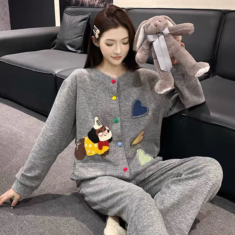 Derong Pajamas for Women, New Autumn and Winter Cashmere Cardigan with Chest Pads, Warm, Cartoon, Cute, Loose, Casual Home Wear