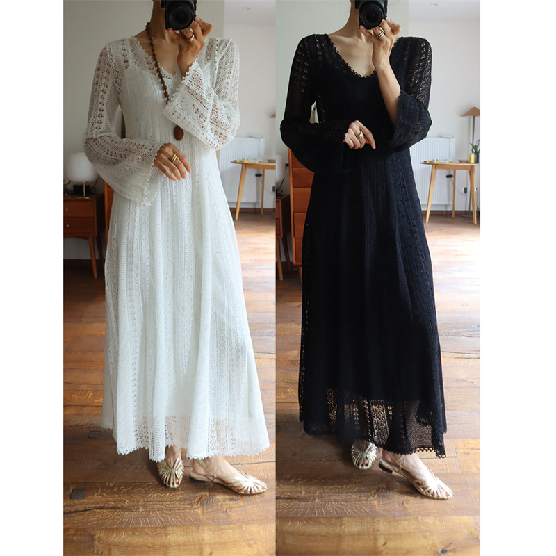 French-Style Woven Lace, Heavy-Duty Handmade Crochet, White Vacation, Black Elegant Hollow-Out Dress