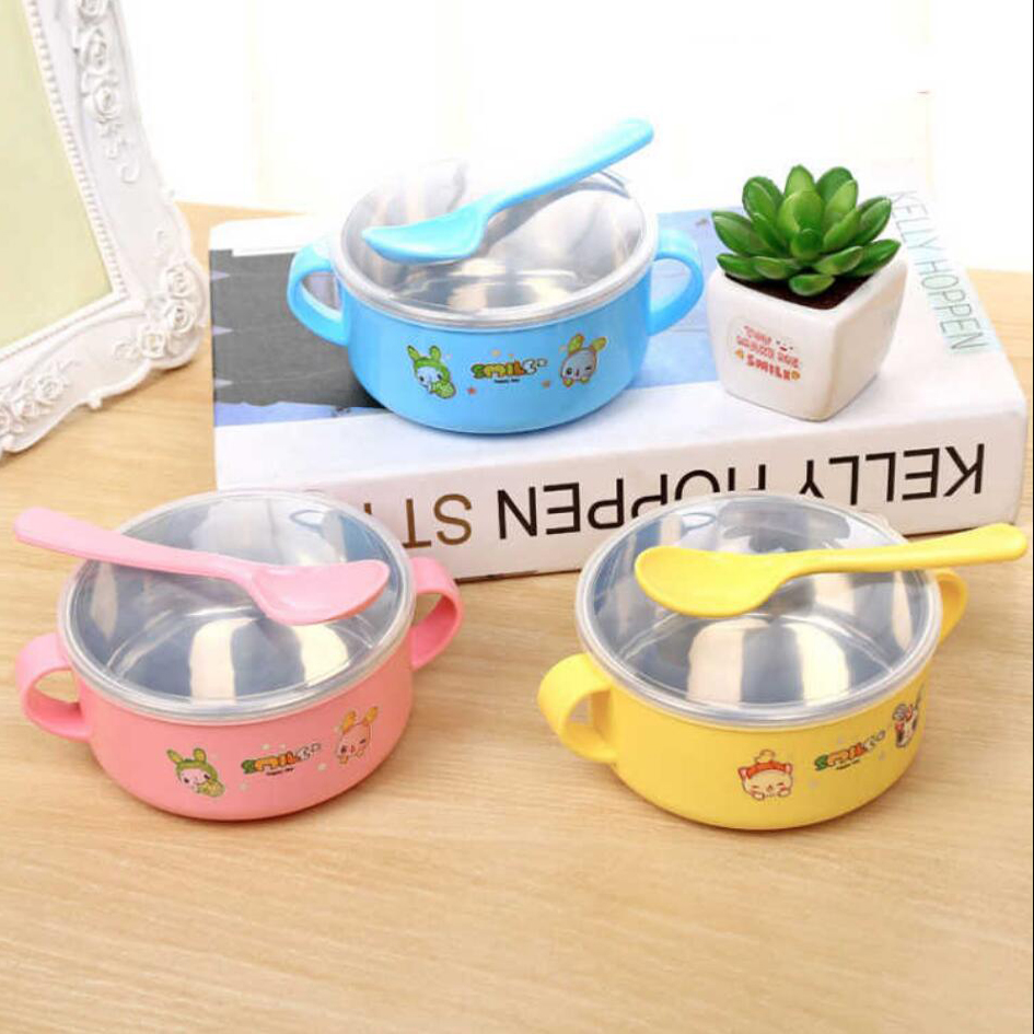 Baby products Children's tableware stainless steel bowl baby food bowl heat insulation Bowl Spoon lid set Wholesale