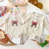 2022 Korean version springtime new female baby long sleeve bag fart conjoined khaclothes suit baby out to suit plaid pants