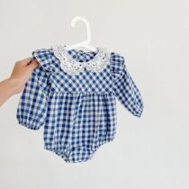 Baby boy baby girl 2022 spring autumn season checkered doll collar Long sleeves Triangle Harvest one-piece dress Princess climbing clothes