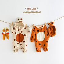 Spring and autumn new ins and babies baby and baby cartoon dots long sleeve one-piece clothes to deliver hat animal khaclothes