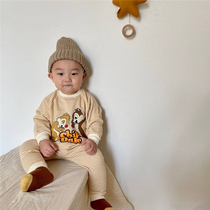ins and women baby cute cartoon suit 2021 spring ocean gas cartoon squirrel print stripe two sets of damp