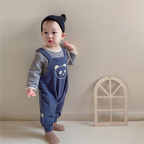 ins spring and autumn cute panda braces long pants long sleeves suit stripe one-piece dress foreign air 100 hitch baby out to suit
