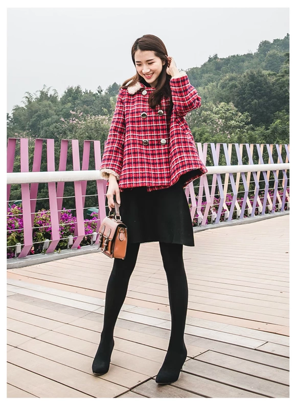 Nhật Bản ngọt ngào lông cừu lỏng cổ áo len ngắn áo khoác nữ sinh viên mùa đông mặc áo choàng kiểu áo choàng kẻ sọc