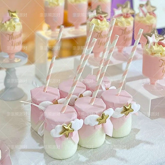 女孩粉色甜品台装饰生日快乐蝴蝶结皇冠蛋糕插件布丁纸推推乐贴纸