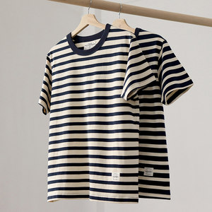 Vintage Sailor Shirt Short-Sleeve American Casual Round-Neck Pure Cotton Summer Striped T-Shirt Men's Base Layer Tee