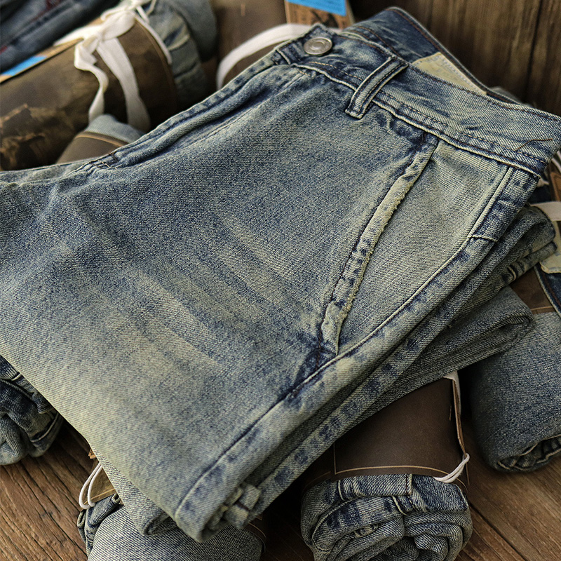 Vintage American Casual Pants Male Light Color Sand Wash as Old Body Small Straight Drum Retro Washed Jeans Man