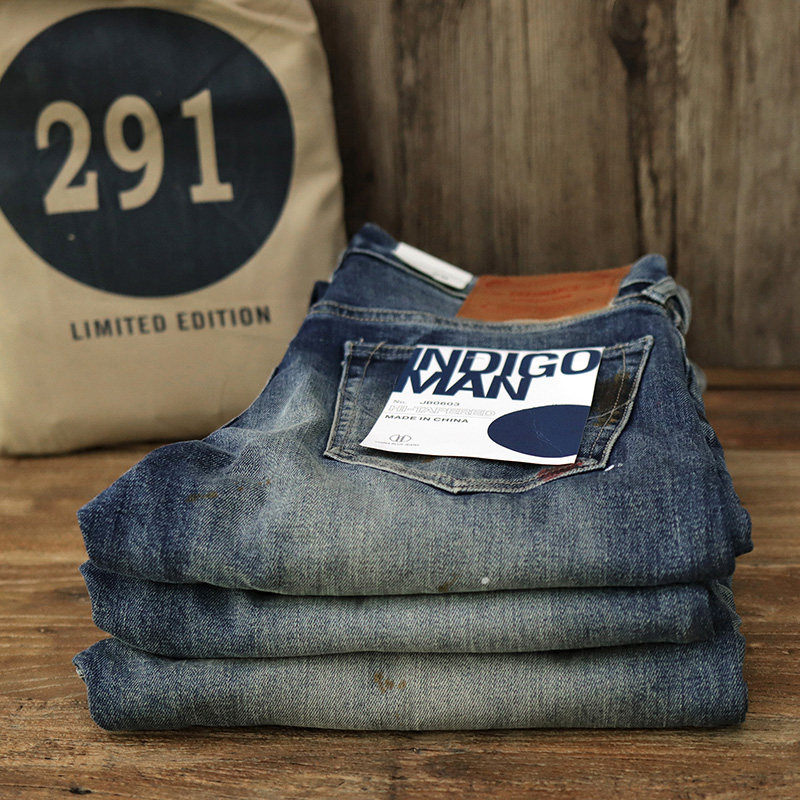 American retro elastic thick stretch trousers spray paint original juku blue grinding white for old washed body Cowboy Smoke Pipe Pants Man