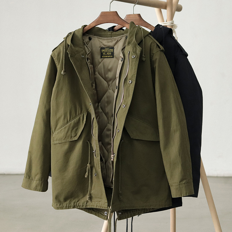M51 Mid-Length Trench Coat for Men with Quilted Lining, Warm Army Green American Retro Cotton Coat with Hood