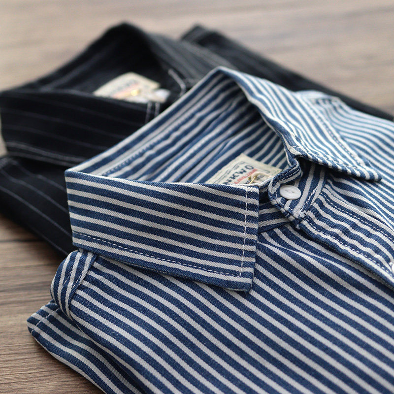 Blue and white striped shirt men Ami Kaki re-engraved men's spring and autumn American casual long sleeve tooling retro shirt men