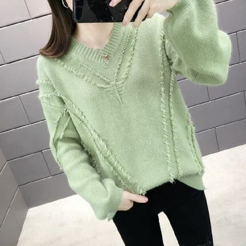 2019韩版秋冬新款打底针织衫V领短款宽松套头慵懒风毛衣外套女装