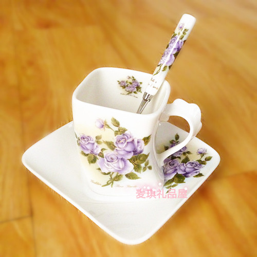 TOPMATE Korea kitchen beauty tableware import wedding gift square mouth bone china with dish coffee cup with spoon purple