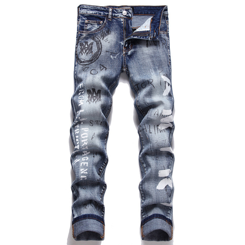 European and American Trendy Brand Spring and Autumn Retro Graffiti Letter Print Slim-Fit Jeans for Men, Trendy Ripped Skinny Foreign Trade Long Pants
