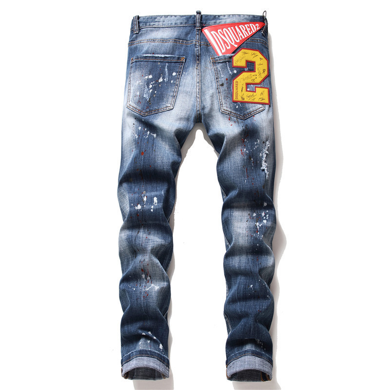 European and American Trendy Brand Spring and Autumn Ripped and Splattered Ink Celebrity Signature Slim Straight-Leg Jeans for Men, Trendy Foreign Trade Long Pants