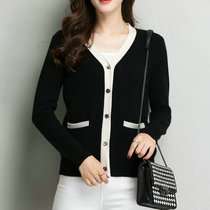 Autumn and winter new young and middle-aged women 100% cashmere sweater contrast color V-neck cardigan close-fitting sweater Korean version of the lady