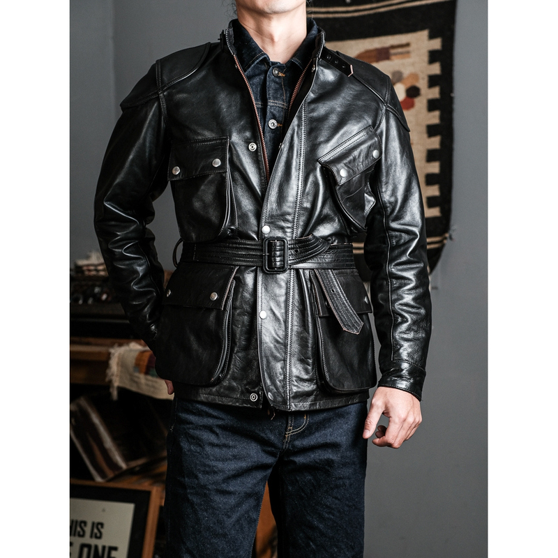 Polish Tea-Colored Leather Four-Pocket Motorcycle Riding Jacket Internatilonal1936 Vintage Hunting Jacket