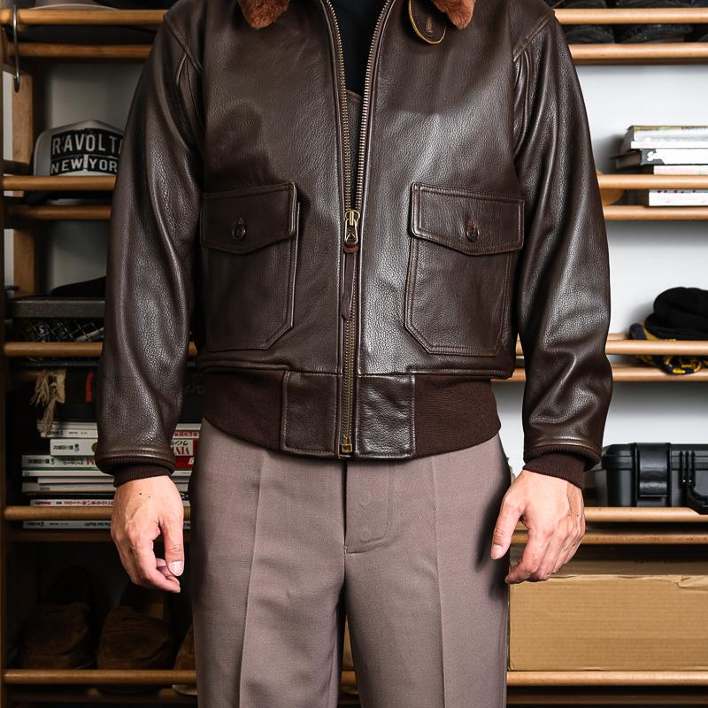 G1 Hna Flight Jacket Leather Coat Tea-Colored Stumon Goatskin Full Wool Ribbed Leather and Fur Integrated Real Fur Collar Leather